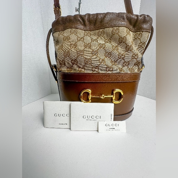 GUCCI Monogram Textured Calf skin Horsebit1955 Drawstring Bucket Bag Beige Brown - Picture 3 of 11